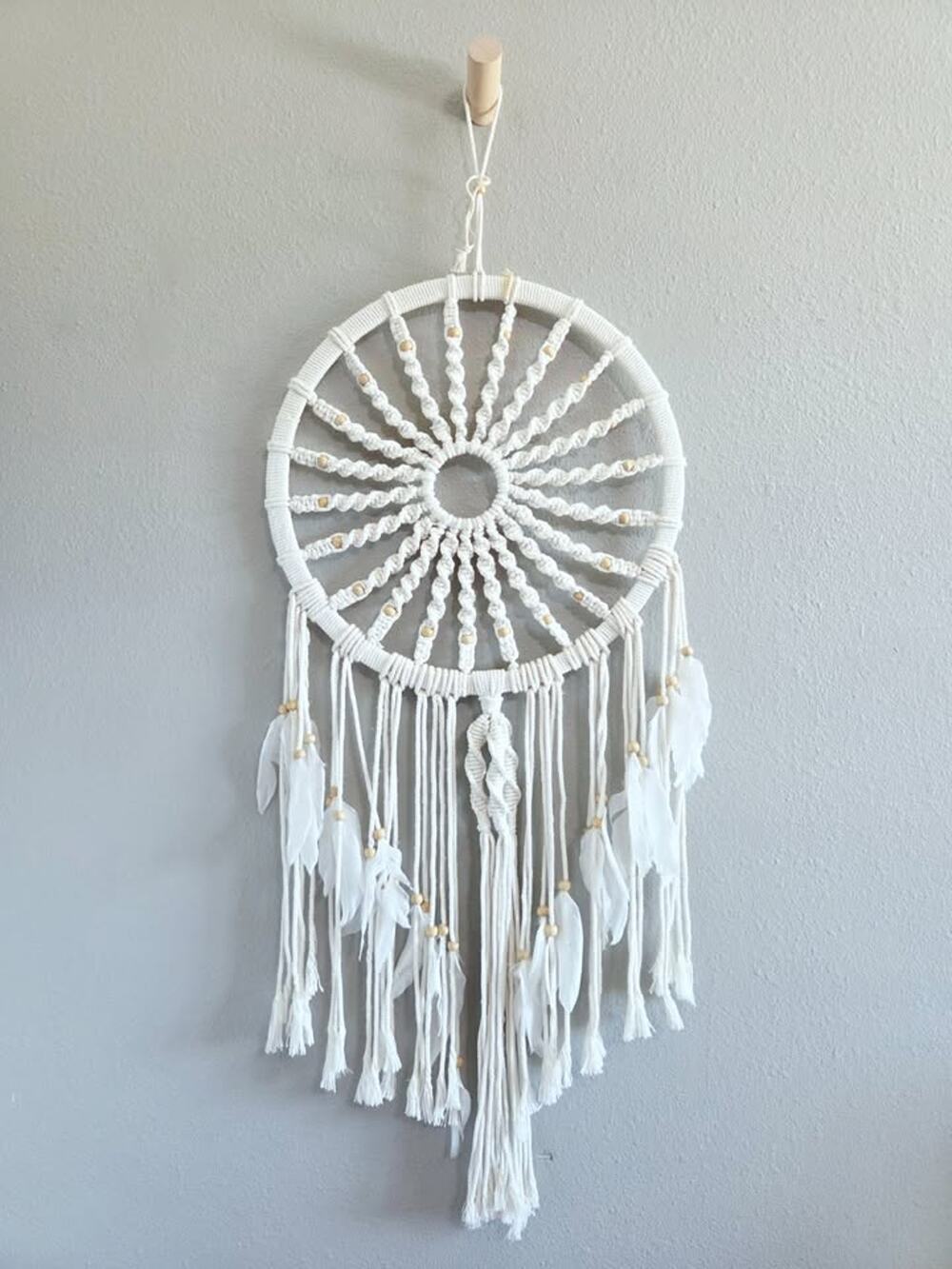 Large White Boho Macrame Dream Catcher Woven Wall Hanging Art  Feathers Beads